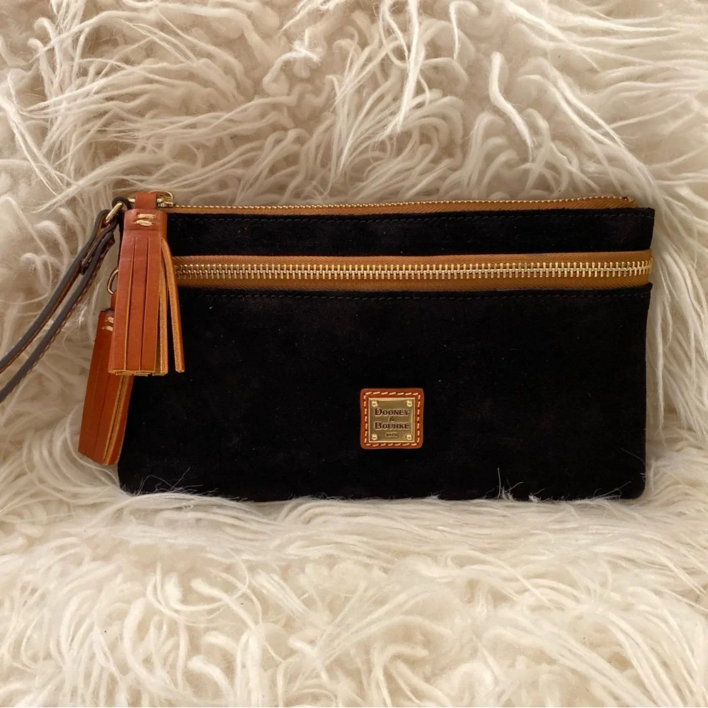 Dooney & Bourke Black Suede Clutch with Gold Accents - Picture 2 of 4